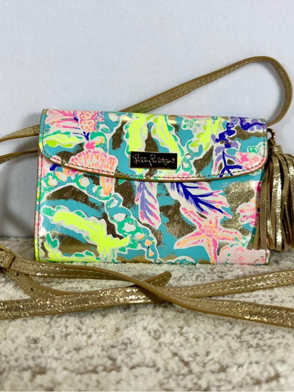 Lilly Pulitzer Neon Tropical Metallic Gold Tassel Crossbody